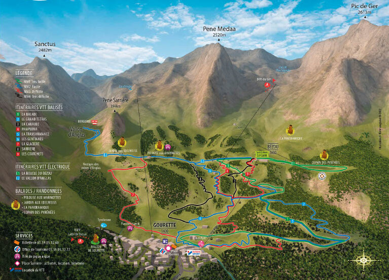 Plan des pistes de Gourette en été. Randonnées, VTT. En vallée d'Ossau.