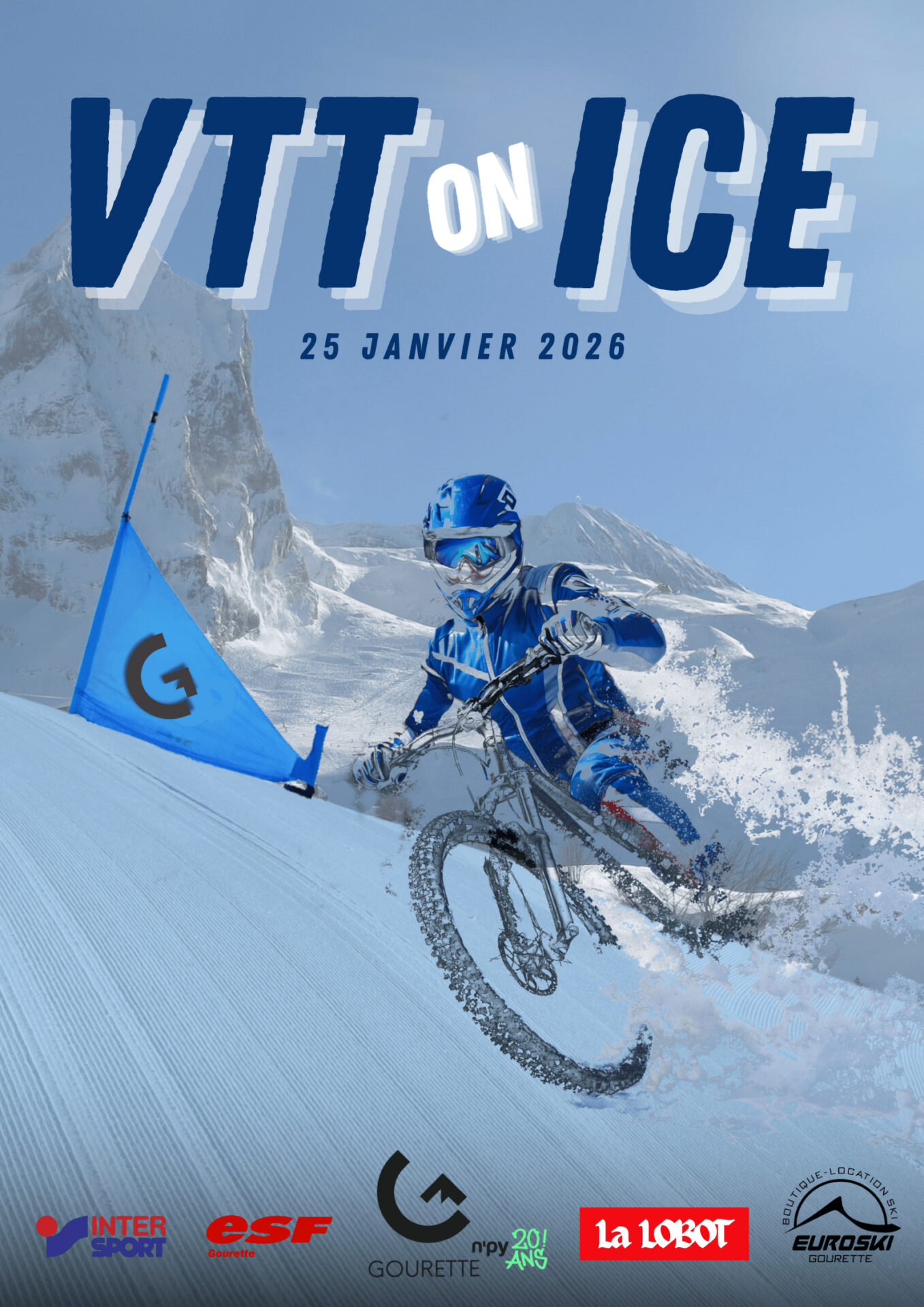 Affiche événement VTT sur neige à Gourette avec un vététiste en train de descendre une piste de ski